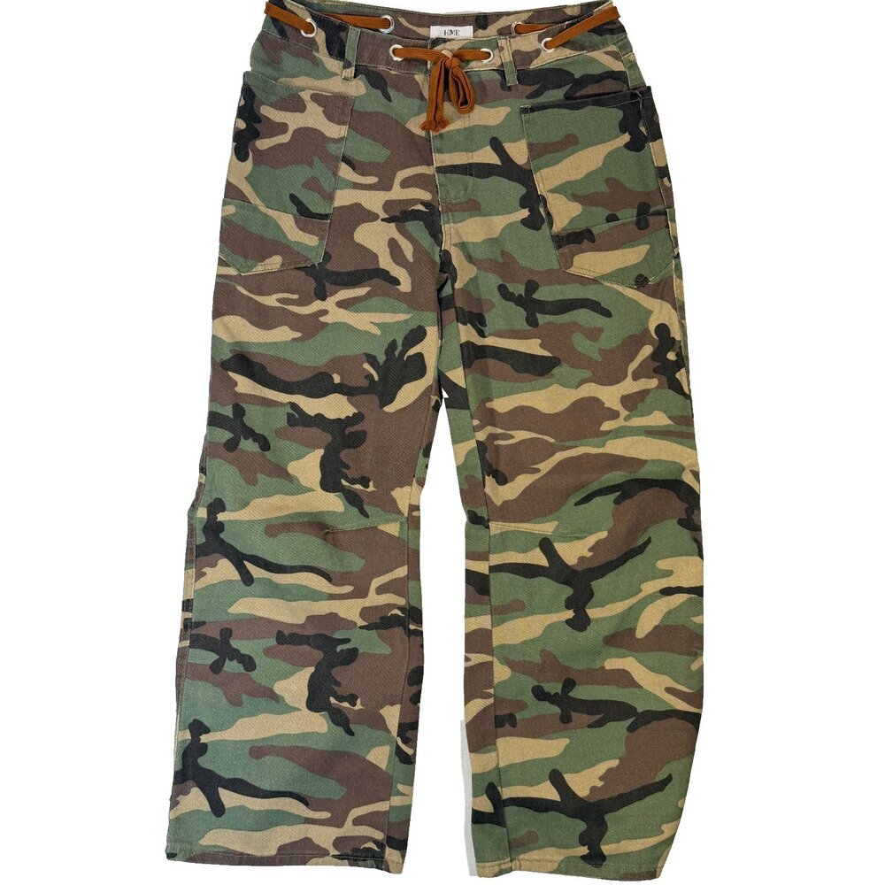 HME Wide Leg Cargo Jeans Y2K Womens XL Army Camouflage Zip Fly and Tie Waist